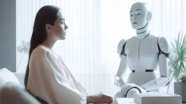 Woman in counselling session with robot illustrating concept of AI therapy