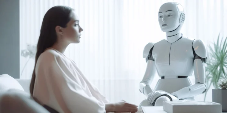 Woman in counselling session with robot illustrating concept of AI therapy