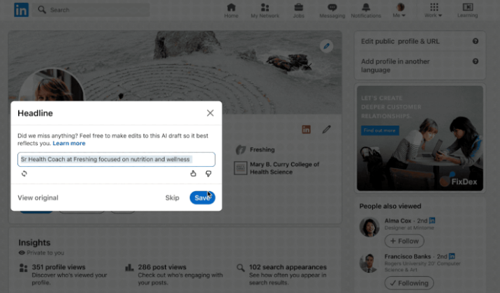 The Enhance feature in action on LinkedIn headline