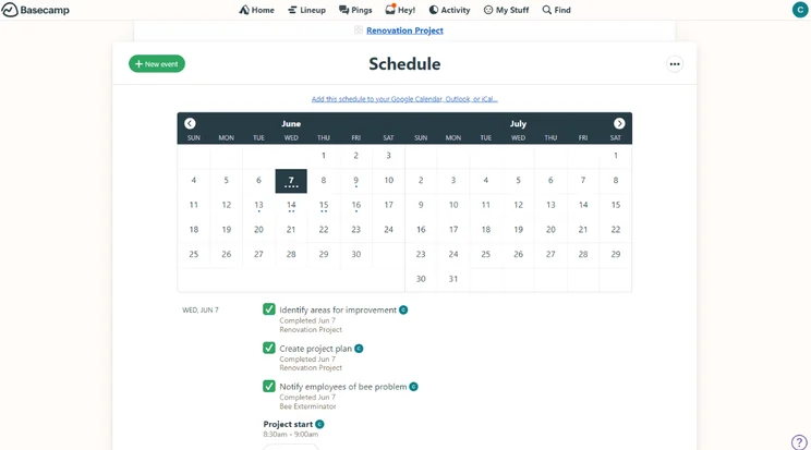 Basecamp's Schedule area