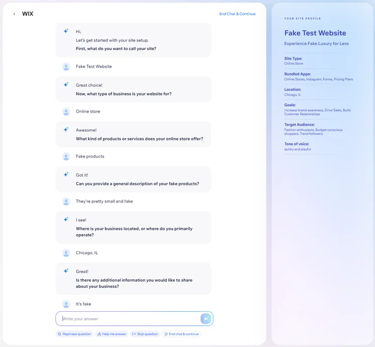 Wix AI Assistant Screenshot