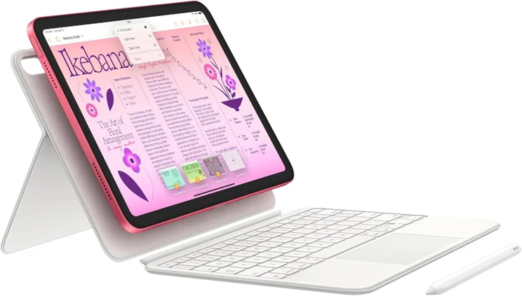iPad tablet pictured set up for working with keyboard folio case and Apple Pencil.