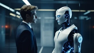 Man and robot stand side by side