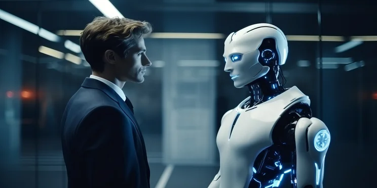 Man and robot stand side by side