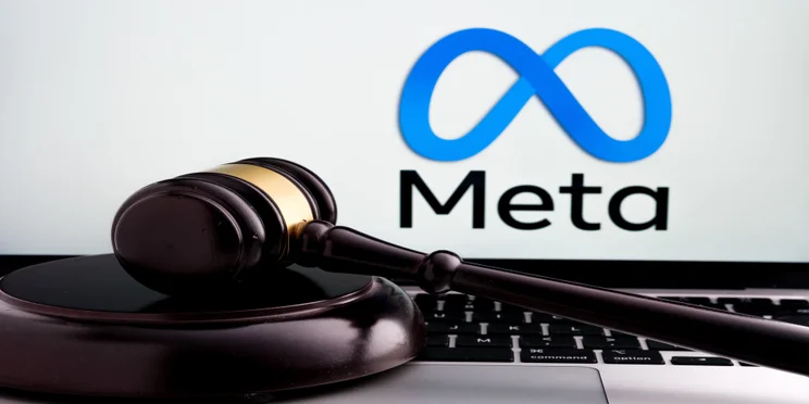 meta logo on screen with gavel on keyboard