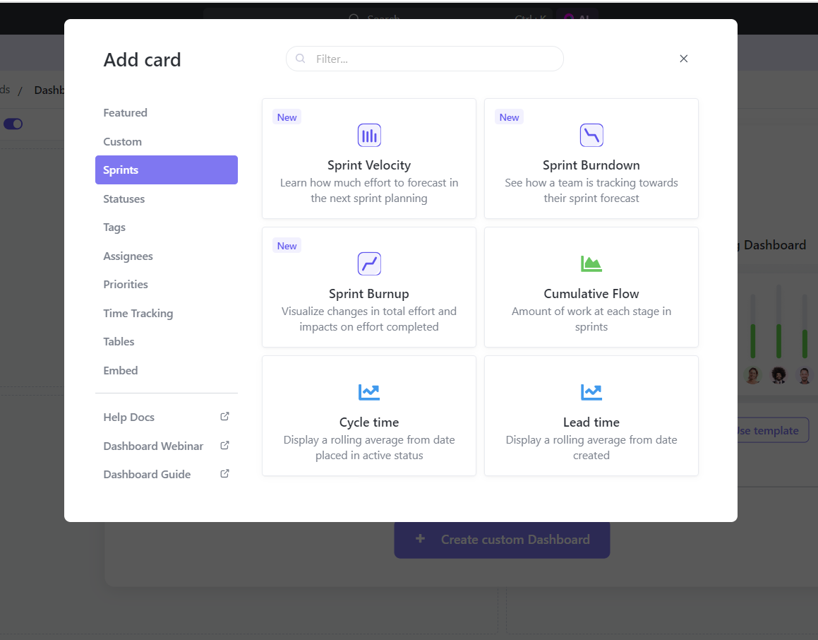 Click-up dashboard options for sprint teams