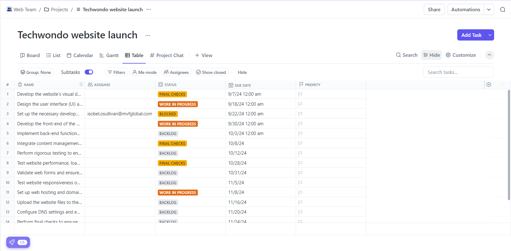 ClickUp's table view