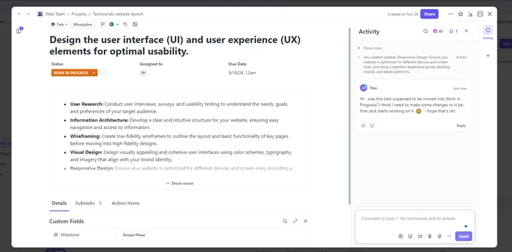 Commenting on tasks in ClickUp. Source: Tech.co