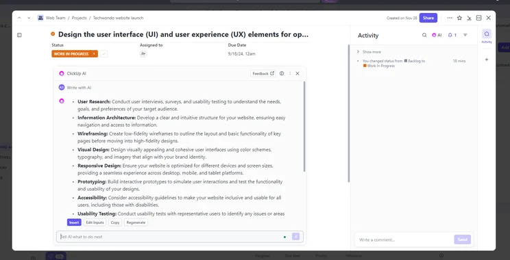 ClickUp's AI tool generates a task description