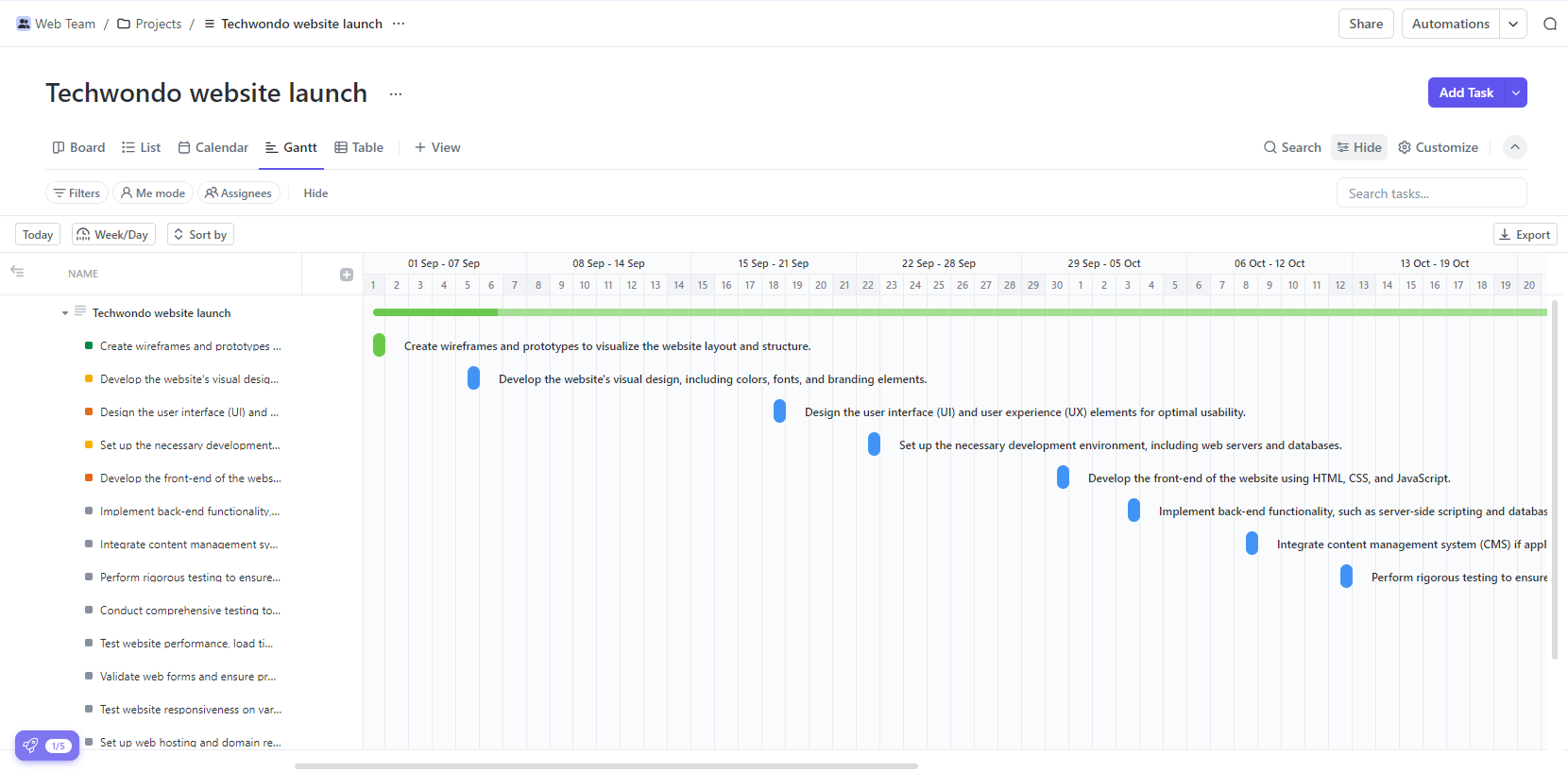 Clickup's Gantt Chart view