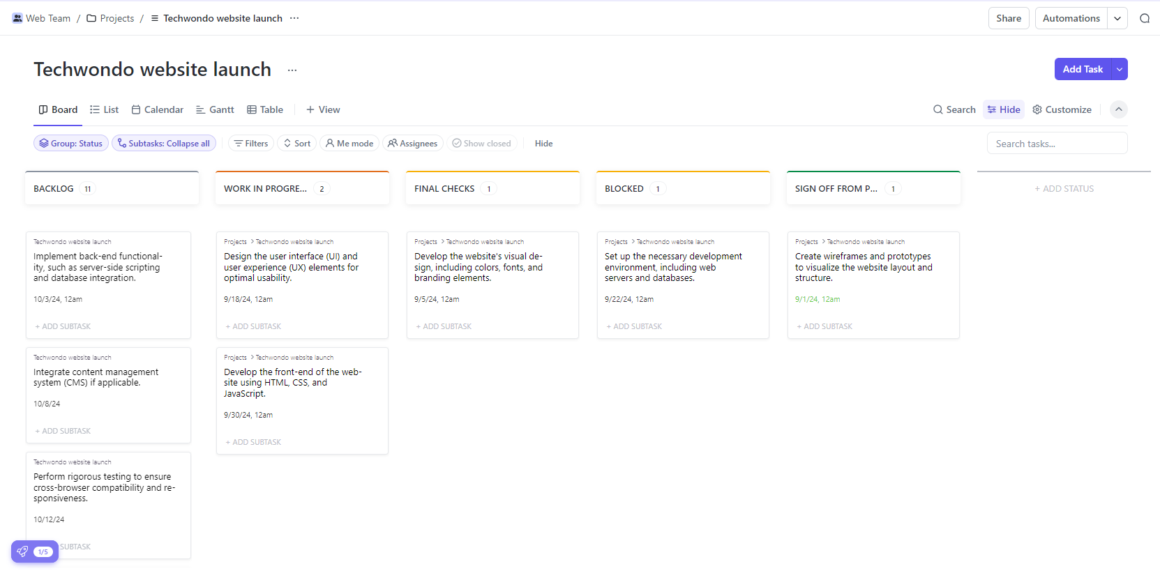 Kanban board view in ClickUp