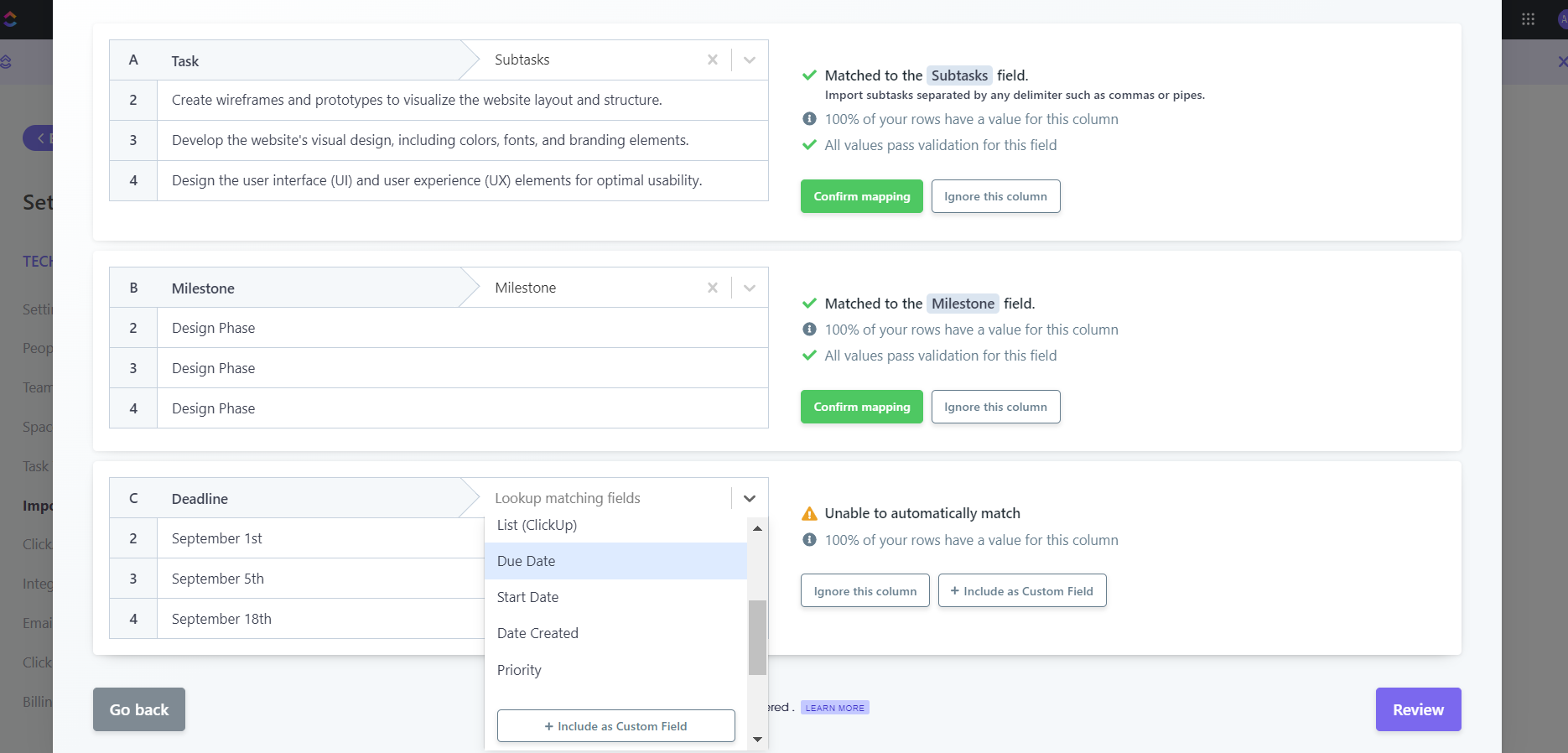 Import project data into clickup.  During the testing process for tech.co.