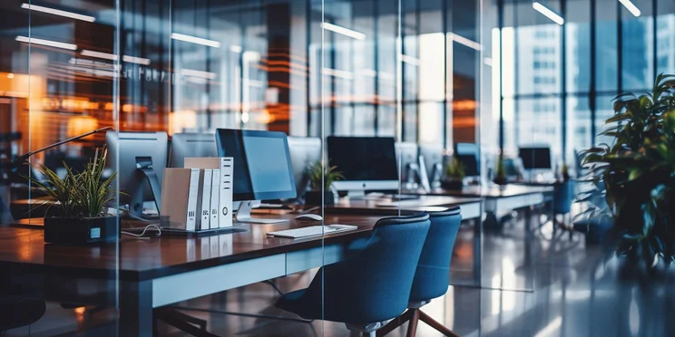 Desks, chairs and monitors in a sleek company office