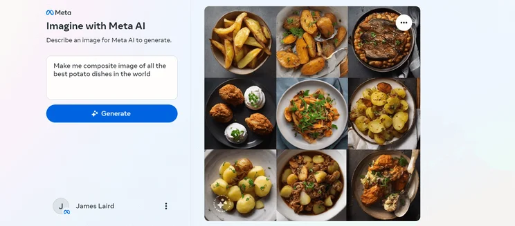 Screenshot of Imagine with Meta Ai potato dishes