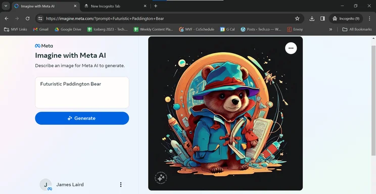 Screenshot of Imagine with Meta AI's output for "Futuristic Paddington Bear"