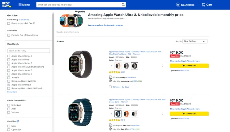Screenshot of Apple Watch Ultra 2 for sale online at Best Buy ahead of Apple Watch sales ban