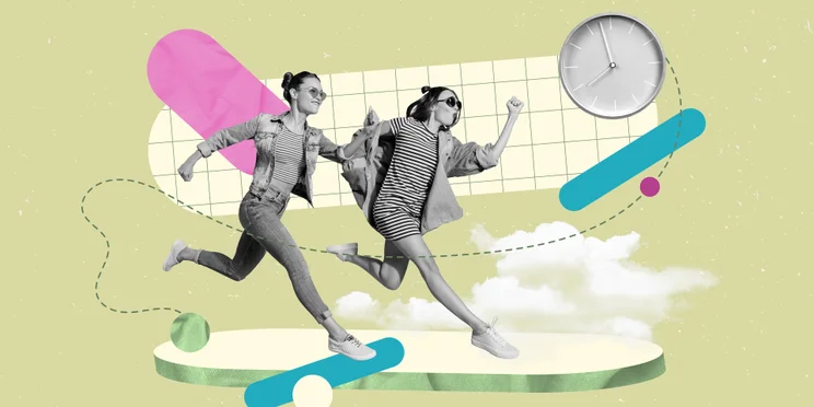 Two young women running towards a clock illustrating concept of productivity at work