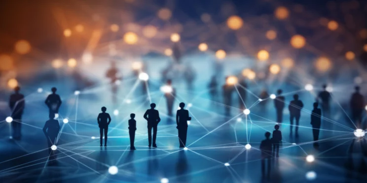 Image of people walking on a flat plane with dots connecting them