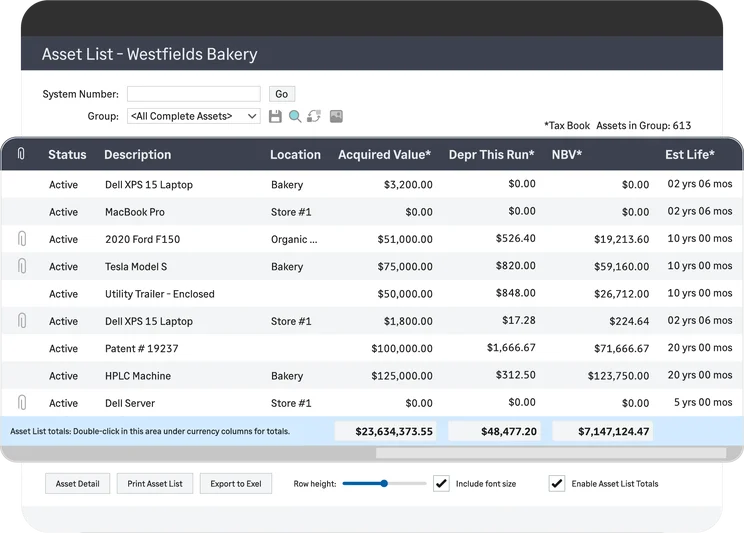Sage Fixed Assets: asset list