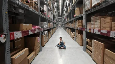 A woman sits surrounded by assets in a warehouse.