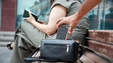 Man stealing a phone from a lady on a bench