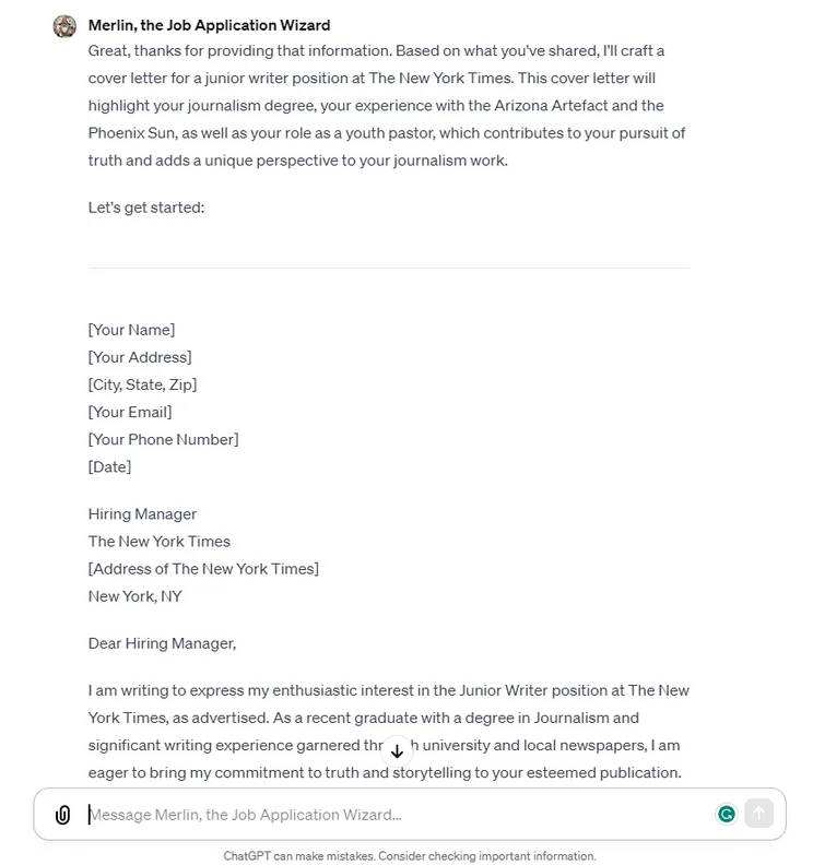 Merlin cover letter