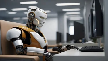Robot worker sat at a desk