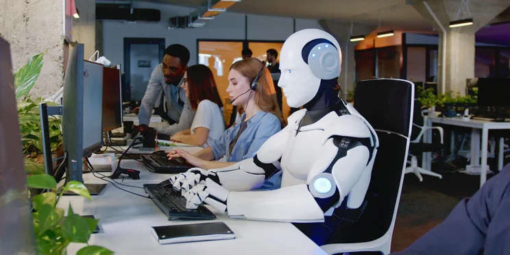 Robot sitting at desk alongside human employees illustrating AI in the workplace