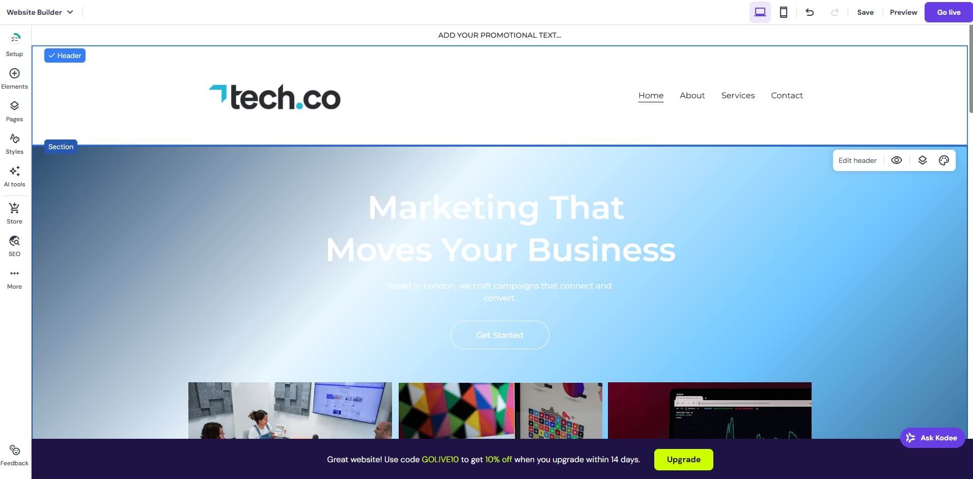 Hostinger's website builder tools is clickable as well as drag-and-drop.