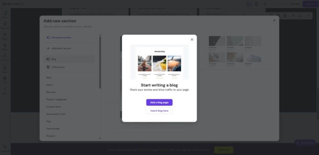 Hostinger's website editor has an "add blog" widget.