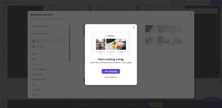 Hostinger's website editor has an "add blog" widget.