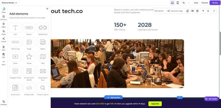 Hostinger lets users add elements to their new website with a click as well as a drag-and-drop function.