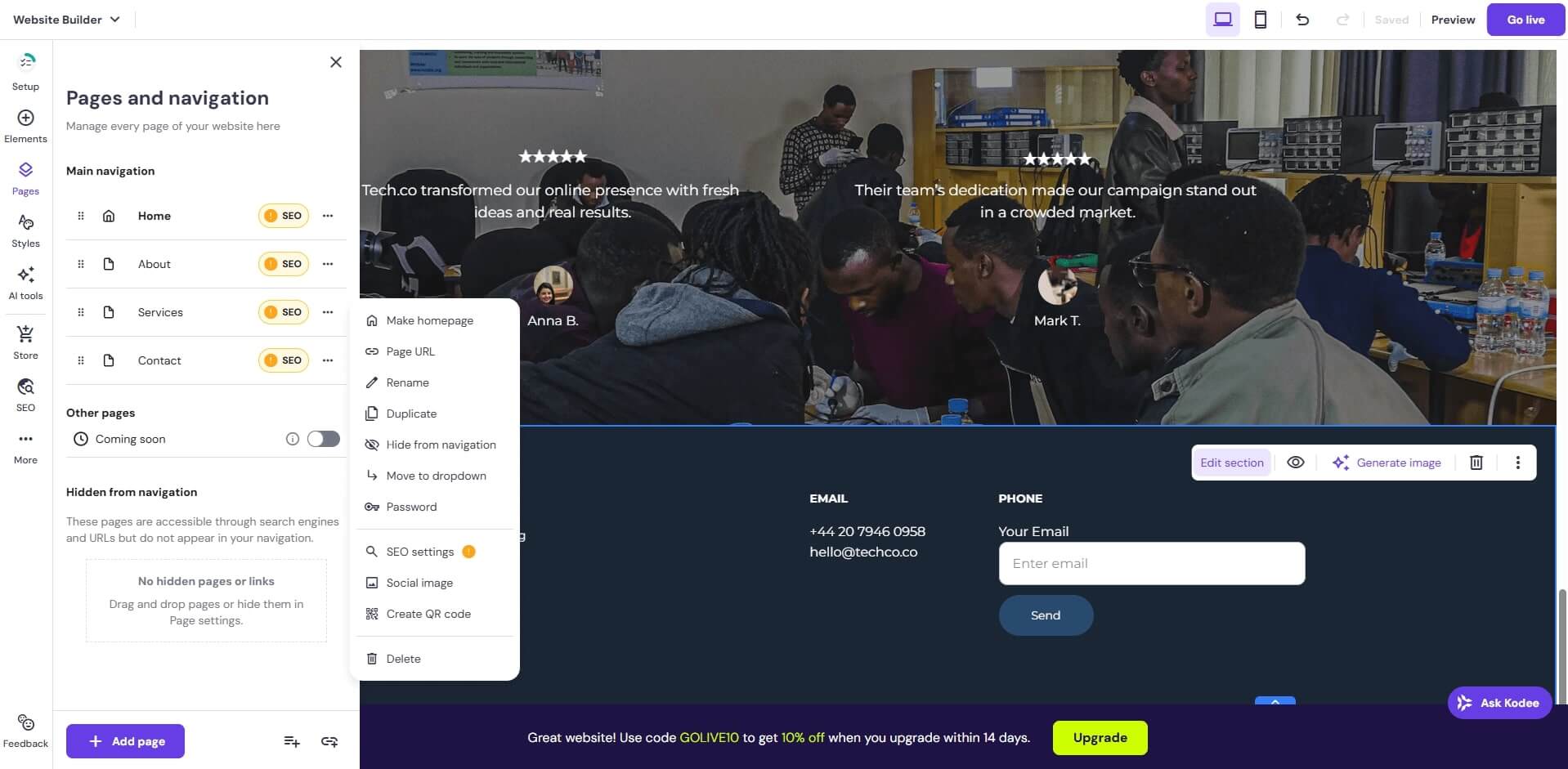 Hostinger lets users easily add pages with its web builder