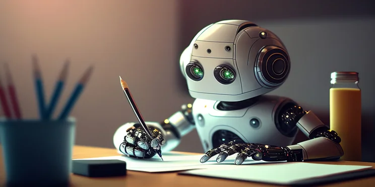 A robot representing AI concept sits at a table drawing to illustrate logo generation