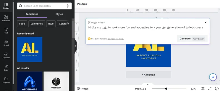 Using canva;s AI assisted logo generator
