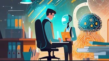 AI generated image showing robot helping man work smarter to achieve 4-day workweek