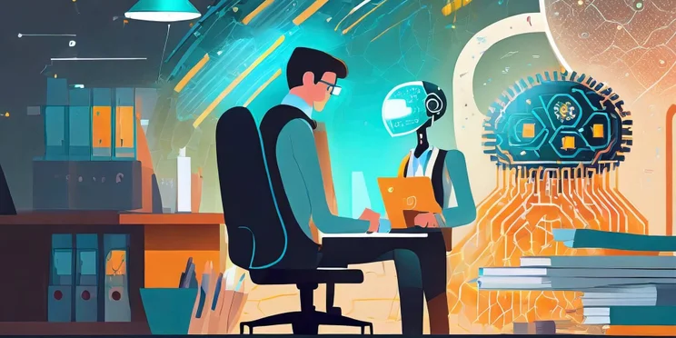 AI generated image showing robot helping man work smarter to achieve 4-day workweek
