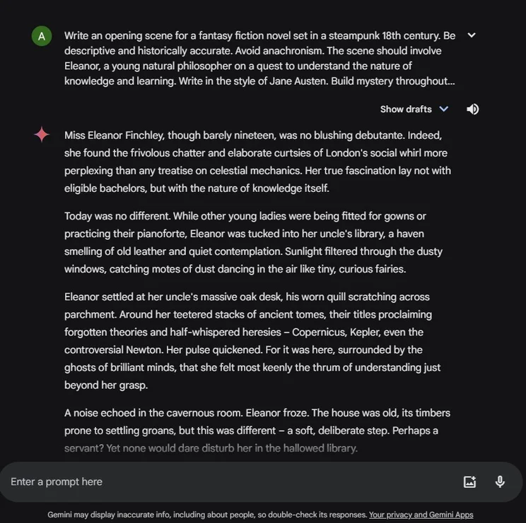 Gemini advanced writes an novel opening