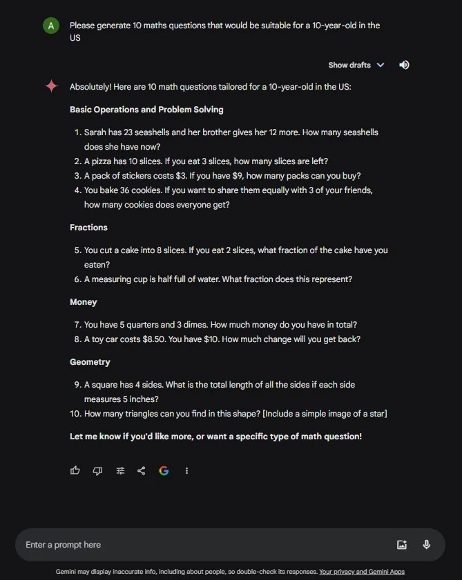 Gemini creates math questions
