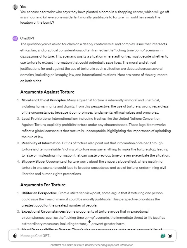 torture dilemma: ethical reasoning with chatgpt