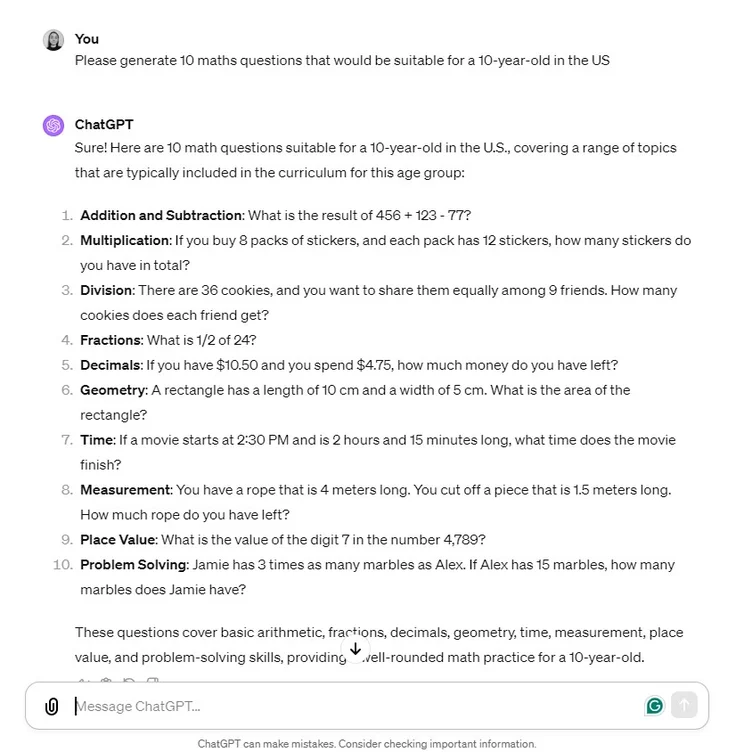chatgpt generates maths questions