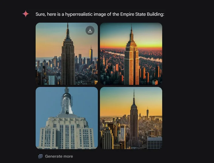 Gemini produces hyperreal image of empire state building