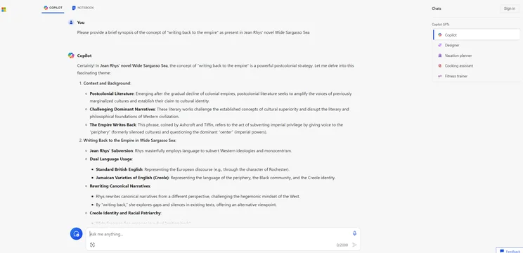 Screenshot of Microsoft Copilot AI responding to question using GPT-4 large language model