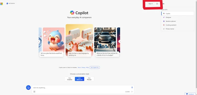 Microsoft Copilot homepage with Sign in box highlighted