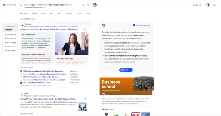Screenshot of Microsoft Bing search engine featuring integrated Copilot GPT-4 AI response