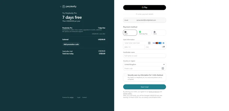 Perplexity Pro AI billing screen showing free trial details