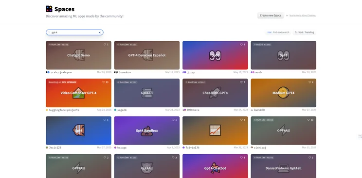 Screenshot of GPT-4 Spaces on open source AI community Hugging Face website