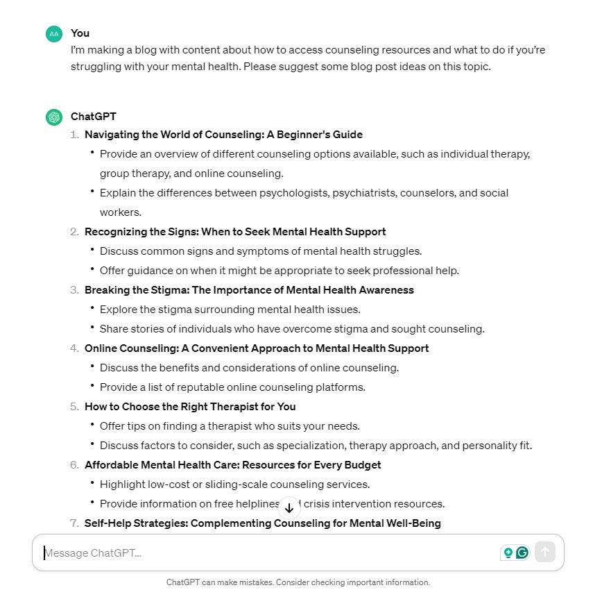 chatgpt ideas for mental health blog