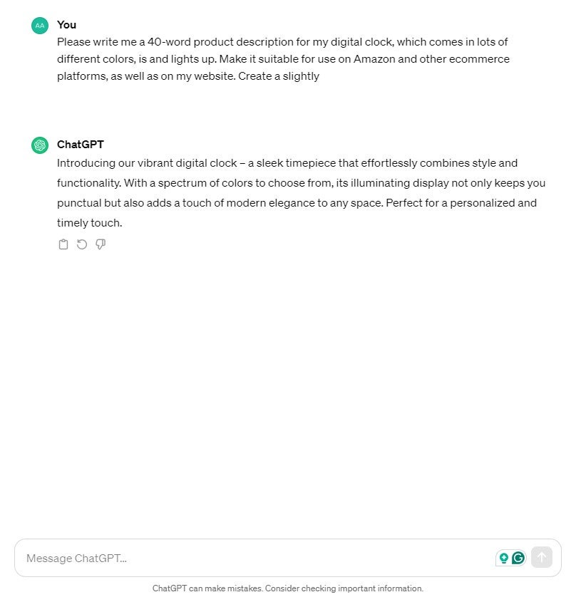 ChatGPT test 2 product desciptions