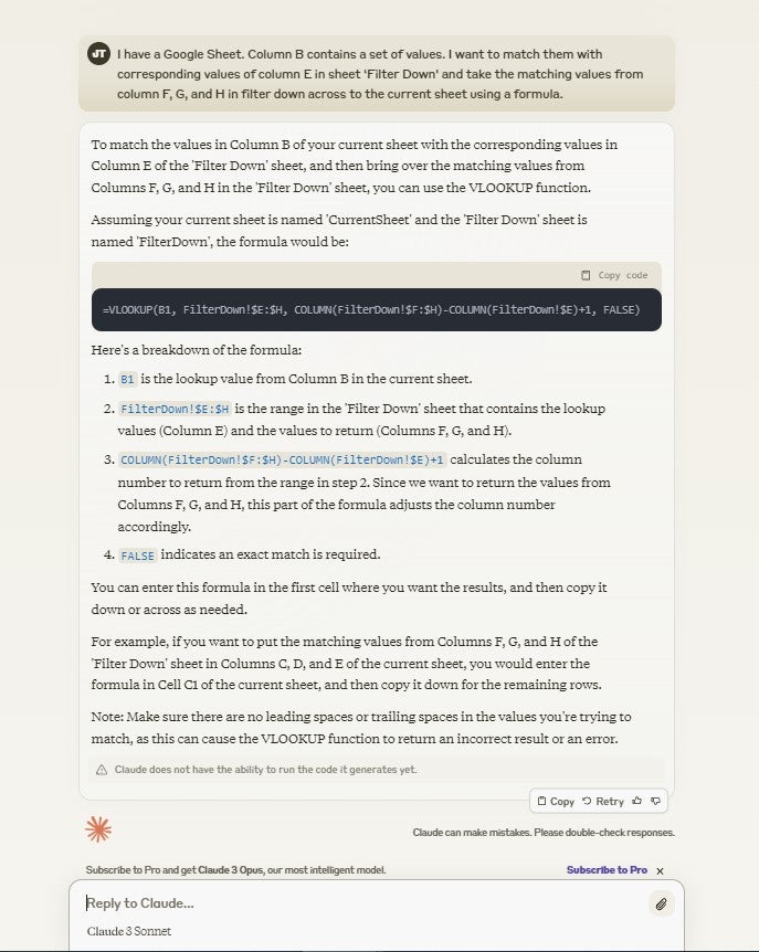 Claude creates a google sheets formula